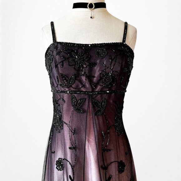 Vintage Plum Brown Floral Beaded Satin Gradient Mesh Maxi Prom Dress Size S - Picture 5 of 11